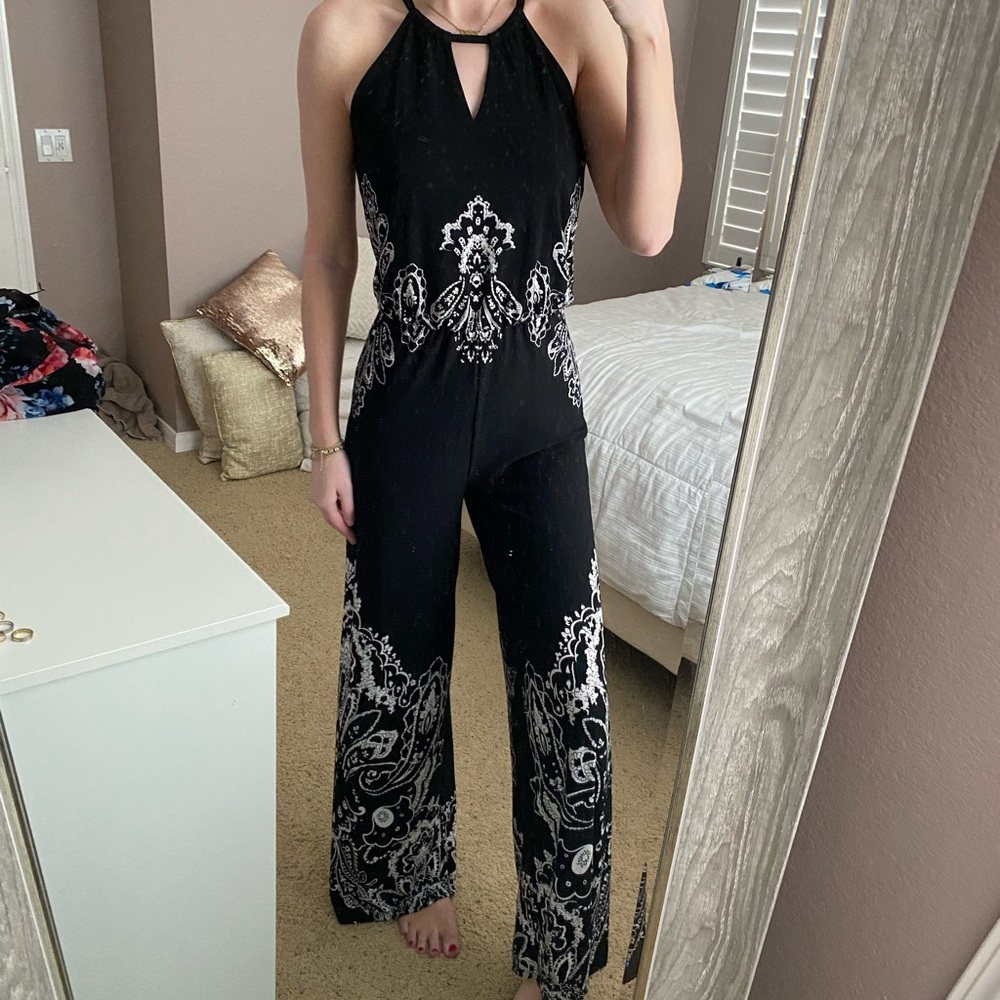 International Concepts black pattern jumpsuit.